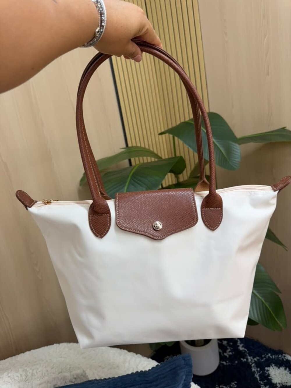 Ivory Nylon Tote Bag with Faux Leather Trim & Zip Closure